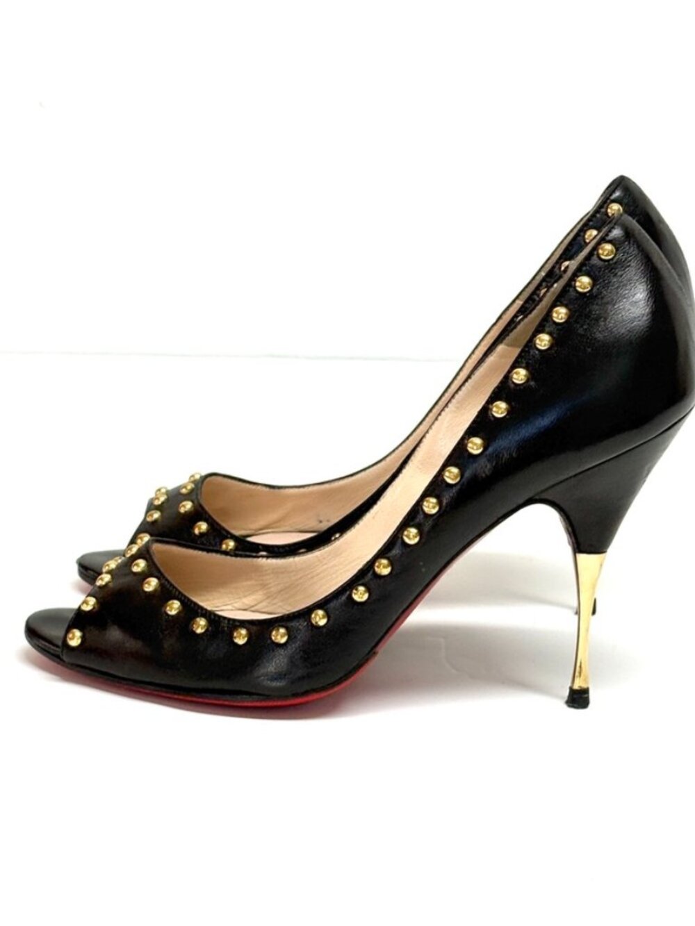 Christian Louboutin Black Studded Peep Toe Pumps Gold Heel IT Sz 37 US 7